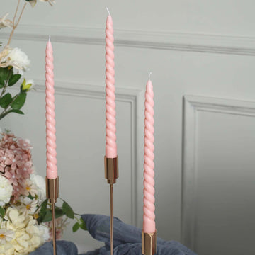 12-Pack Taper Candles Spiral Long Burn Wick Design Blush - Premium Unscented Wax Dinner Candle Sticks 11"