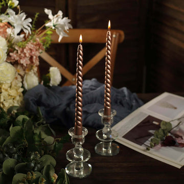 12-Pack Taper Candles Spiral Long Burn Wick Design Matte Rose Gold - Premium Unscented Wax Dinner Candle Sticks 11"