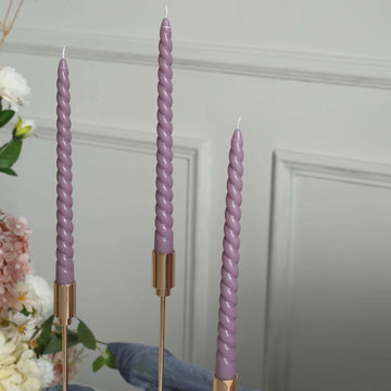 12-Pack Taper Candles Spiral Long Burn Wick Design Violet Amethyst - Premium Unscented Wax Dinner Candle Sticks 11"