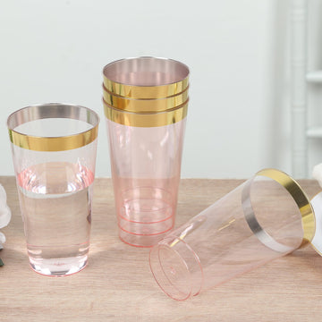 12-Pack Plastic Party Cups Transparent Blush with Gold Rim - Durable Disposable Tumblers for Drinks 17oz 5.5"