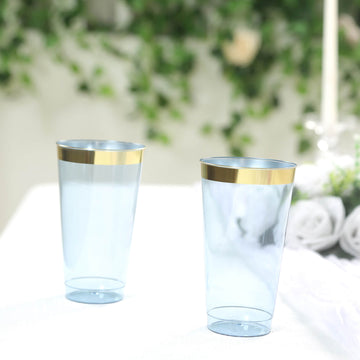 12-Pack Plastic Party Cups Transparent Dusty Blue with Gold Rim - Durable Disposable Tumblers for Drinks 17oz 5.5"