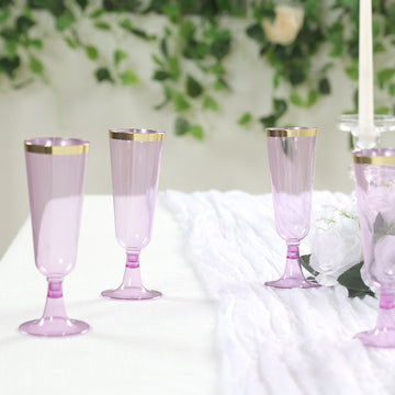 12-Pack Plastic Champagne Flutes Transparent Purple with Gold Rim - Stylish Disposable Cocktail Glasses for Parties 5oz 6"