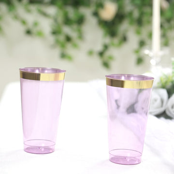 12-Pack Plastic Party Cups Transparent Purple with Gold Rim - Durable Disposable Tumblers for Drinks 17oz 5.5"