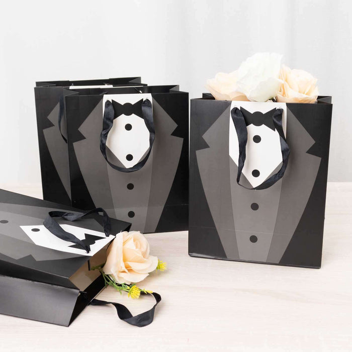 12 Pack White Black Tuxedo Premium Paper Party Favor Goodie Bags With Satin Handles Reusable Wedding