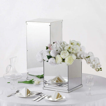 12" Silver Mirrored Acrylic Display Box, Pedestal Riser with Interchangeable Lid and Base