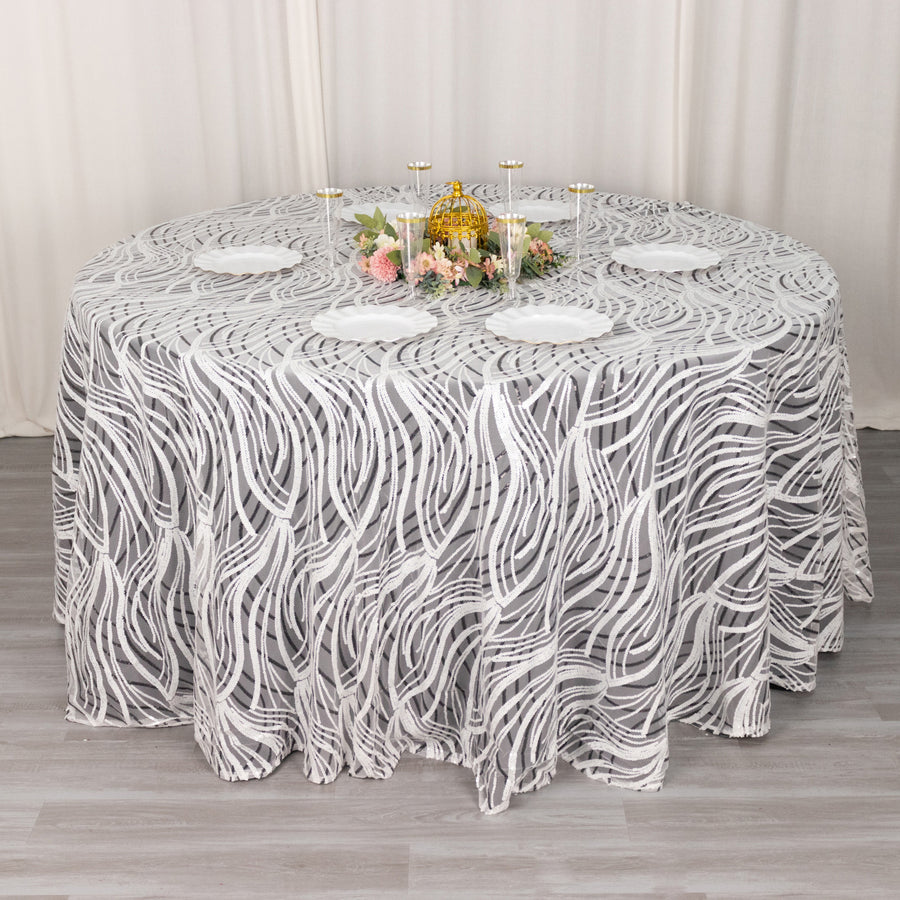 120inch White Black Wave Mesh Round Tablecloth With Embroidered Sequins