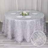 120inch Metallic Black Premium Tinsel Shag Round Tablecloth, Shimmery Metallic Fringe