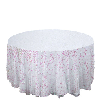 120" Iridescent Seamless Big Payette Sequin Round Tablecloth Collection for 5 Foot Table With Floor-Length Drop