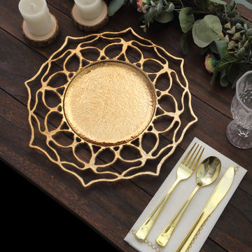 6 Pack | 13" Gold Hollow Flower Acrylic Charger Plates, Floral Cutout Decorative Plastic Serving Plates