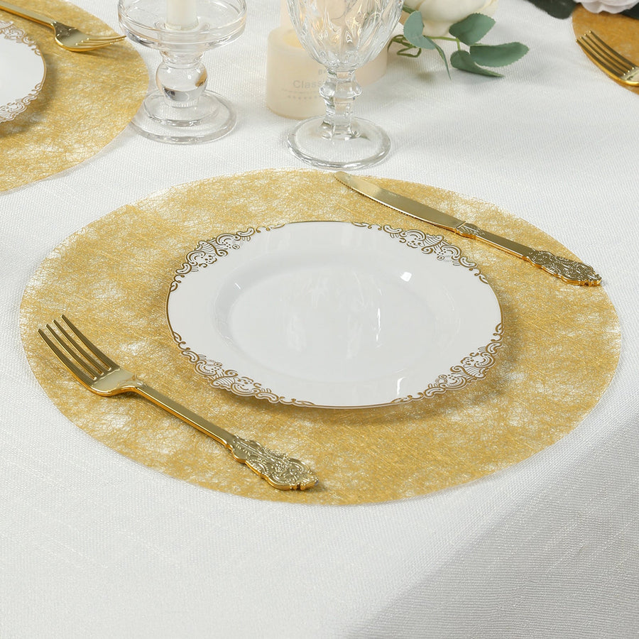 50 Pack Disposable Metallic Gold Placemats, 13" Non-Woven Mesh Fiber Round Table Mats for Dining & Events