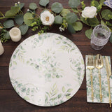 6 Pack White Green Cardboard Paper Charger Plates with Eucalyptus Leaves Print, 13inch Round 