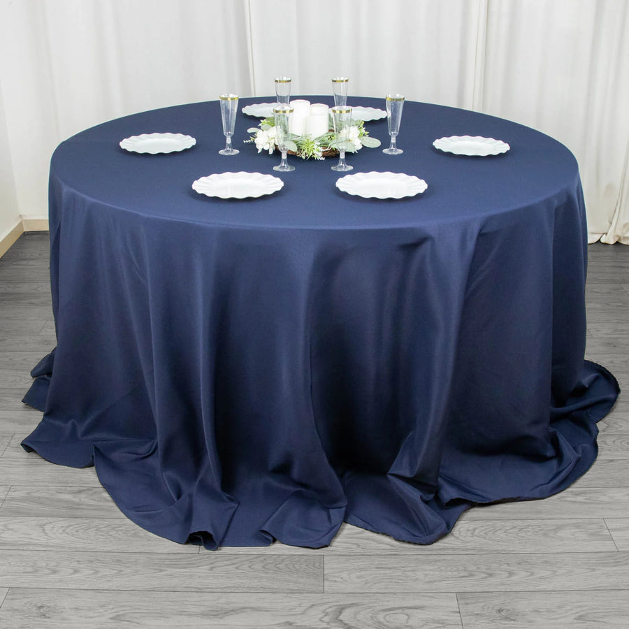 132inch Navy Blue 200 GSM Seamless Premium Polyester Round Tablecloth