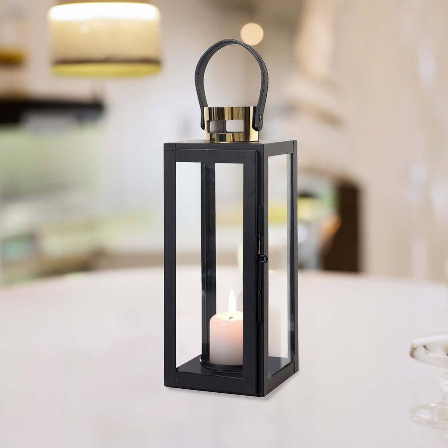 14inch Black & Gold Top Stainless Steel Candle Lantern Centerpiece Outdoor Metal Patio Lantern