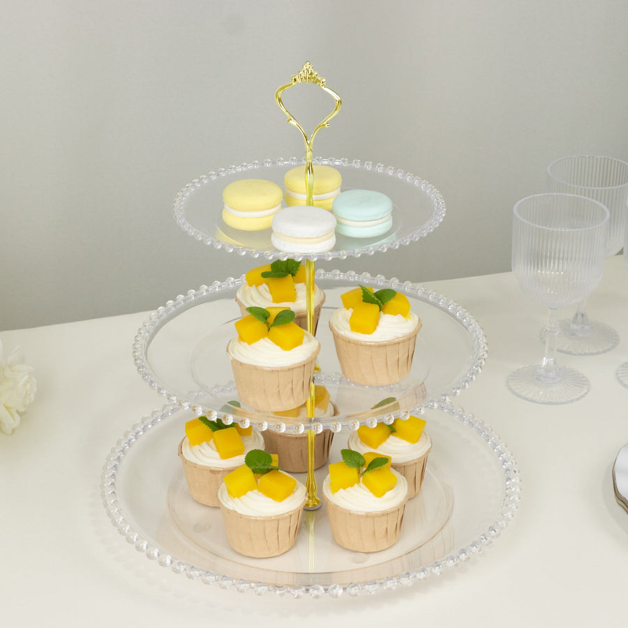 Clear 3-Tier Plastic Dessert Display Stand With Beaded Rim, Round Cupcake Tower