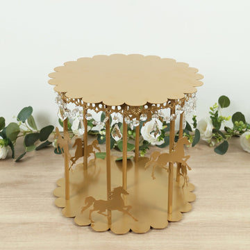 Metal Round Pedestal Cake Stand Gold Carousel Design with Hanging Acrylic Beads - Luxurious Dessert Display Centerpiece Holder for Cupcakes & Pastries 14"