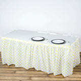 14FT 10 Mil Thick | Polka Dots Pleated Plastic Table Skirts - Disposable Table Skirt Spill Proof - White/Yellow