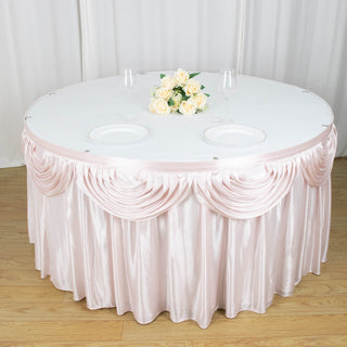 Add Elegance to Your Event with the 14ft Blush Pleated Satin Double Drape Table Skirt