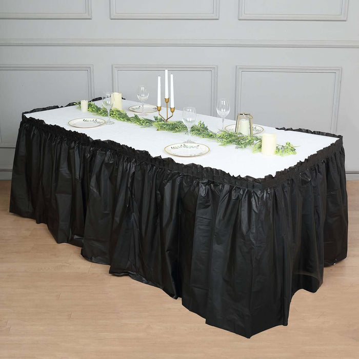 14ft Black Ruffled Plastic Disposable Table Skirt, Waterproof Outdoor/Indoor Table Drape