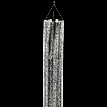 14ft Hanging Beaded Crystal Column Chandelier, Tall Beads Curtain Round with Silver Metal Hoop and Hanging Chain