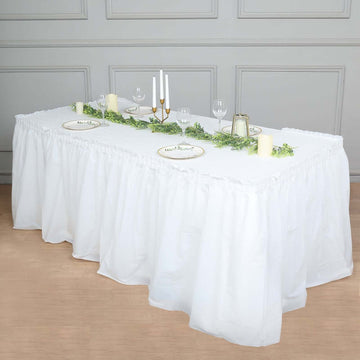 Plastic Table Skirt White Ruffled - Durable Disposable Skirt for Events 14ft