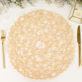 6 Pack | 15inch Beige Paper Fiber Woven Placemats, Round Table Mats