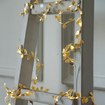 15ft Warm White 40 LED Metallic Gold Leaf String Lights Hanging Vine, Decorative Battery Operated Fairy Lights Rose Leaf Garland