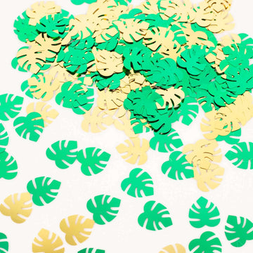 15G Bag Tropical Palm Leaf Table Confetti, Shiny Monstera Metallic Green and Gold Vibrant Eye-Catching Design