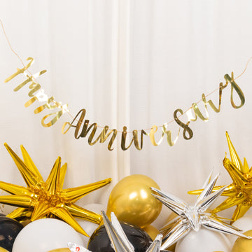 10ft Pre-Strung Metallic Gold Foil "Happy Anniversary" Banner, Party Photo Backdrop Hanging Garland - 250 GSM