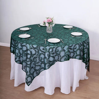 Elevate Your Table Decor with the Hunter Emerald Green Sequin Leaf Embroidered Tulle Table Overlay