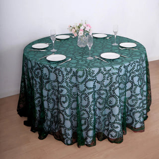 Captivating Hunter Emerald Green Sequin Leaf Embroidered Tablecloth