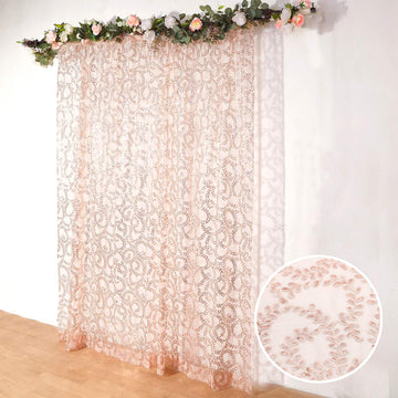 8ftx8ft Rose Gold Embroider Sequin Event Curtain Drapes, Sparkly Sheer Backdrop Event Panel With Embroidery Leaf