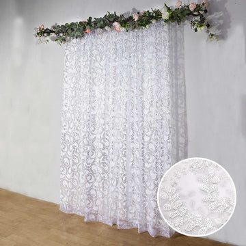 8ftx8ft Silver Embroider Sequin Event Curtain Drapes, Sparkly Sheer Backdrop Event Panel With Embroidery Leaf