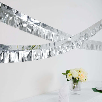 16ft Metallic Silver Foil Tassel Fringe Backdrop Banner, Tinsel Garland Decor