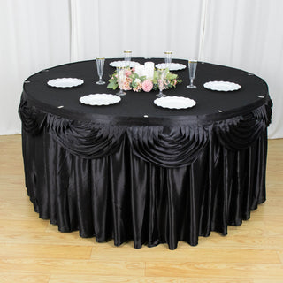 Elevate Your Event with the 17ft Black Pleated Satin Double Drape Table Skirt