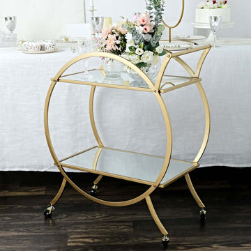 Gold Metal Bar Cart with Mirror Serving Tray 2-Tier - Round Teacart Island Trolley for Events 2.5ft