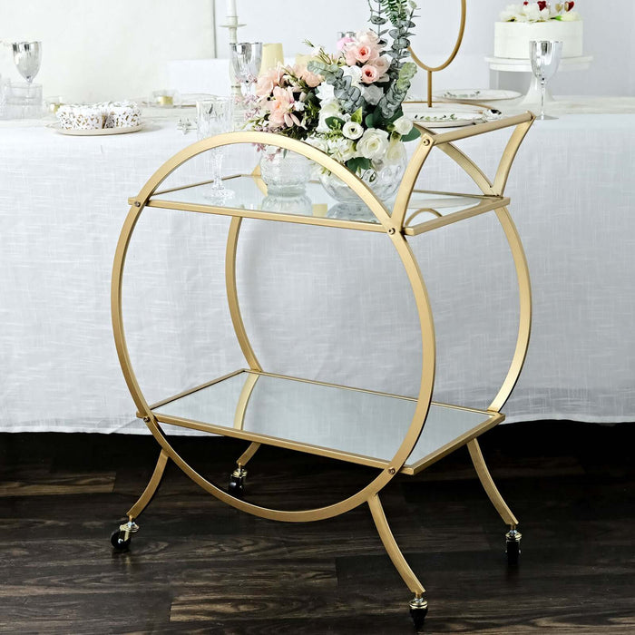 2.5ft Tall Gold Metal 2-Tier Bar Cart Mirror Serving Tray Kitchen Trolley, Round Teacart Island Cart