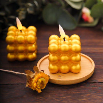 2 Pack Metallic Gold Mini Bubble Cube Battery Operated Candles, Flameless LED Decorative Candles - 2"