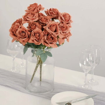 2 Pack 17" Terracotta (Rust) Real Touch Artificial Rose Flower Bushes, Silk Faux Floral Plants