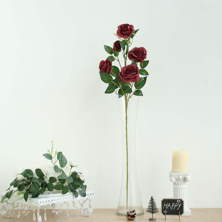 2 Bouquets | 33inches Tall Burgundy Artificial Silk Rose Flower Bush Stems