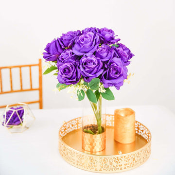 2 Bushes 18" Real Touch Purple Artificial Rose Flower Bouquet, Silk Long Stem Flower Arrangements