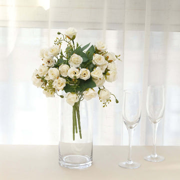 2 Pack 12" Ivory Artificial Open Rose Flower Arrangements, Small Faux Floral Bouquets