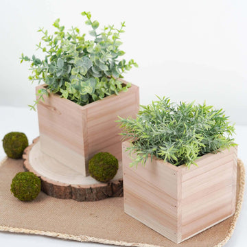 2 Pack 5" Square Tan Wood Planter Box Set, Plant Holder With Removable Plastic Liners