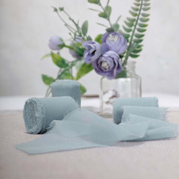 2 Pack 6yd Ice Blue Silk-Like Chiffon Linen Ribbon Roll For Bouquets, Wedding Invitations Gift Wrapping