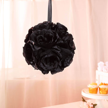 2 Pack 7" Black Artificial Silk Rose Kissing Ball, Faux Flower Ball