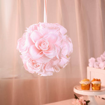 2 Pack 7" Blush Artificial Silk Rose Kissing Ball, Flower Ball