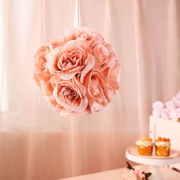 2 Pack 7" Dusty Rose Artificial Silk Rose Kissing Ball, Flower Ball