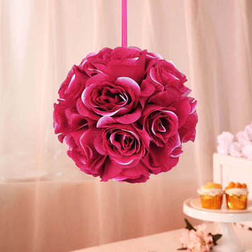 2 Pack 7" Fuchsia Artificial Silk Rose Kissing Ball, Flower Ball