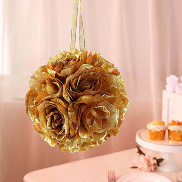 2 Pack 7" Gold Artificial Silk Rose Kissing Ball, Faux Flower Ball