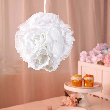 2 Pack 7" White Artificial Silk Rose Kissing Ball, Faux Flower Ball