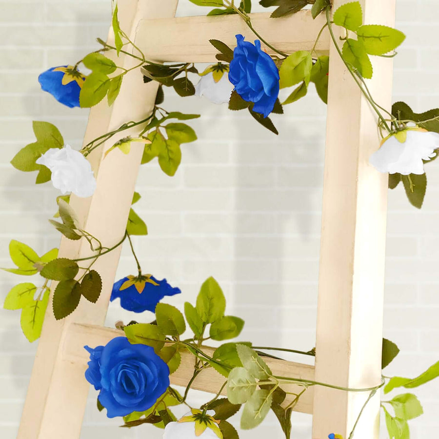 2 Pack 7ft White Royal Blue Artificial Silk Flower Garland Rose Vines 26 Flower Heads